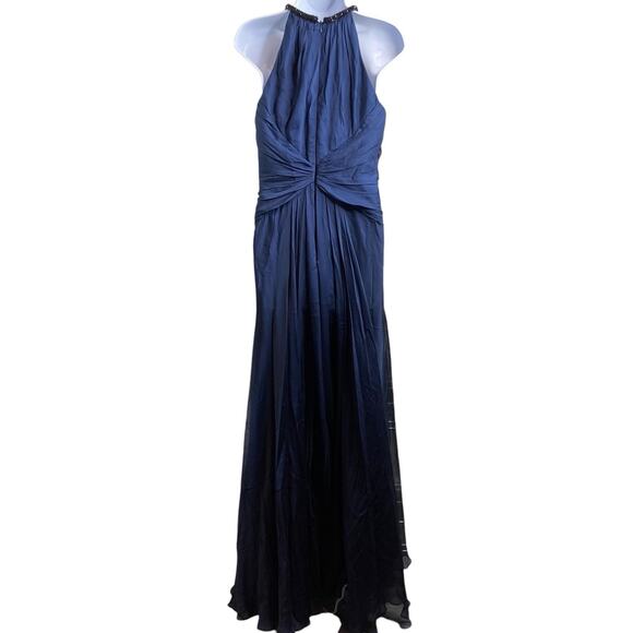 Carmen Marc Valvo Navy Blue Beaded Halter Silk Dress Size 4 Wedding Red Carpet - Picture 2 of 13